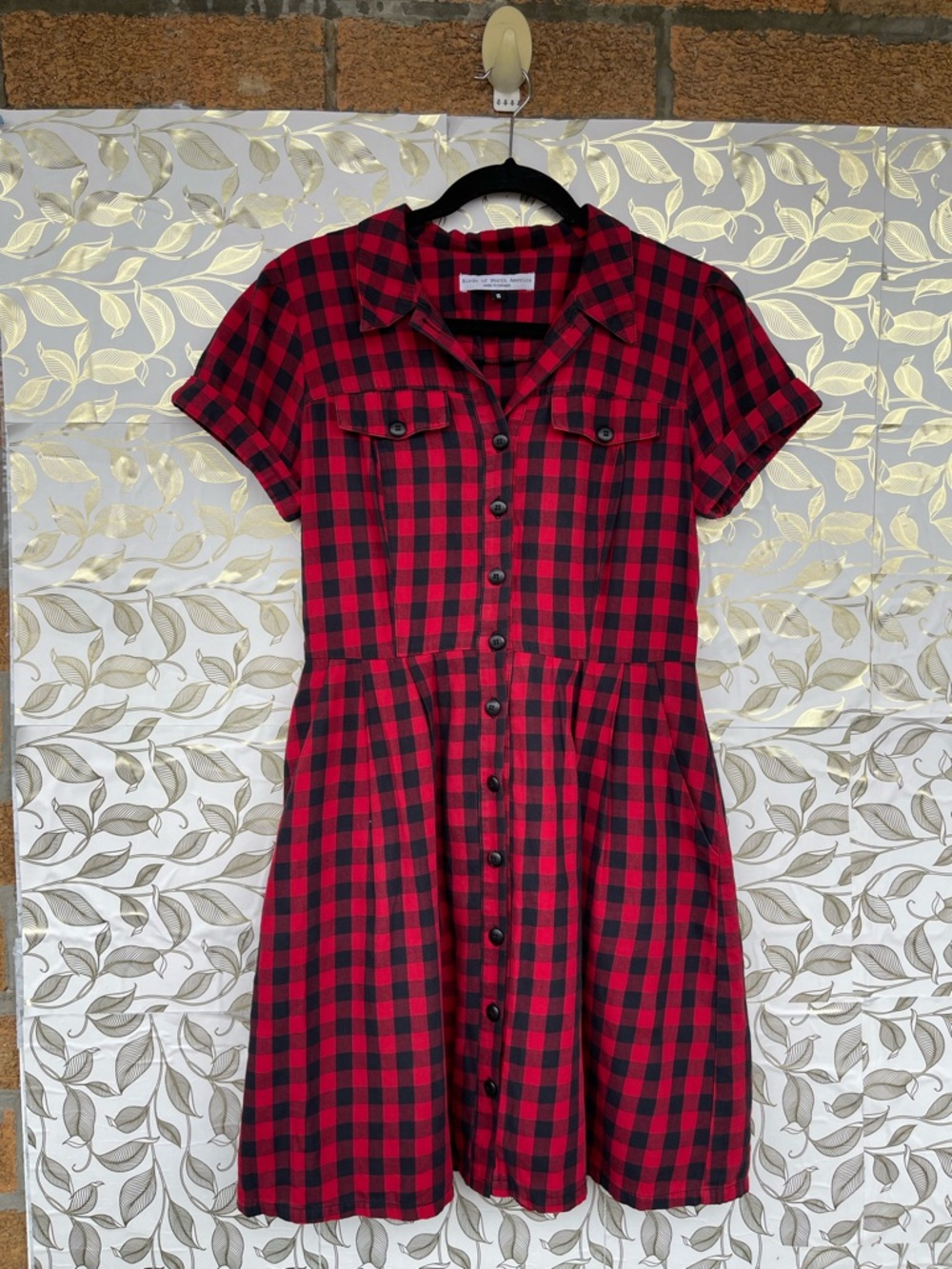 Birds of North America Red Gingham Plaid Button Front Fit Flare Mini Dress 8